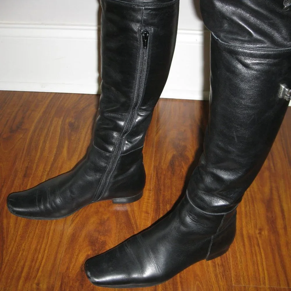 REDUCED Wmn Black Leather Side Zipper Block Heel Over The Knee Boots S 5.5 UK 3